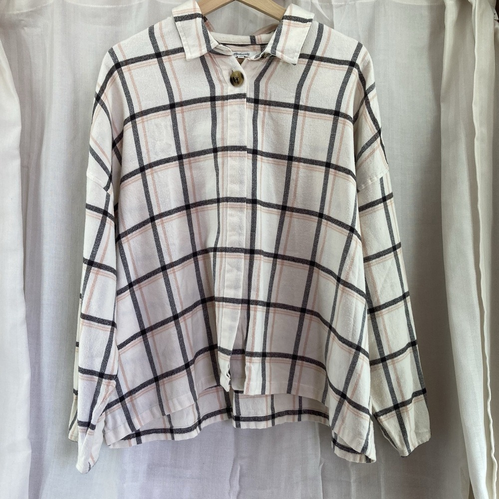 Madewell Flannel Shirt Womens XXL Beige‎ Peach Black Plaid Button Long Sleeves